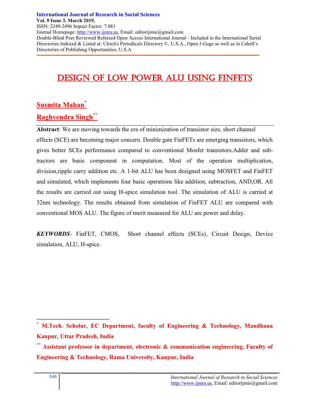 DESIGN of LOW POWER ALU USING Finfets