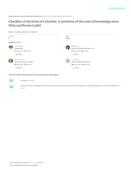 Checklist of the Birds of Colombia: a Synthesis of the State of Knowledge Since Hilty and Brown (1986)