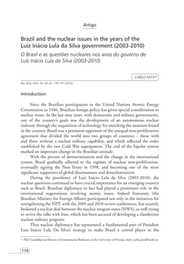 Brazil and the Nuclear Issues in the Years of the Luiz Inácio Lula Da Silva Government