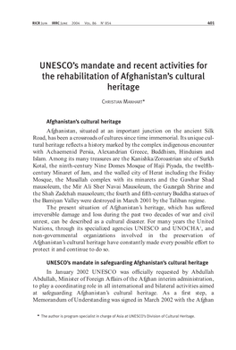 UNESCO's Mandate and Recent Activities for the Rehabilitation of Afghanistan's Cultural Heritage
