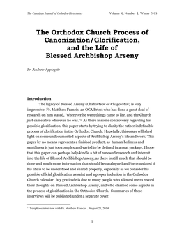 The Orthodox Church Process of Canonization/Glorification, and the Life of Blessed Archbishop Arseny