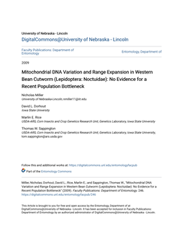 Mitochondrial DNA Variation and Range Expansion in Western Bean Cutworm (Lepidoptera: Noctuidae): No Evidence for a Recent Population Bottleneck