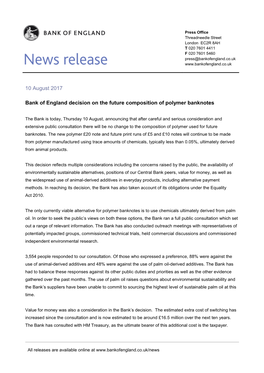 Bank of England Decision on the Future Composition of Polymer Banknotes