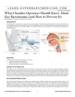 What Chamber Operators Should Know About Ear Barotrauma (And How to Prevent It) Robert Sheffield, CHT and Kevin “Kip” Posey, CHT / June 2018