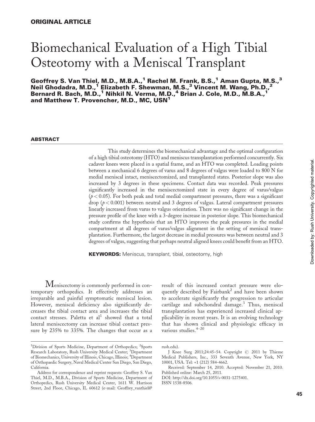 Biomechanical Evaluation of a High Tibial Osteotomy with a Meniscal Transplant