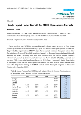 Steady Impact Factor Growth for MDPI Open Access Journals