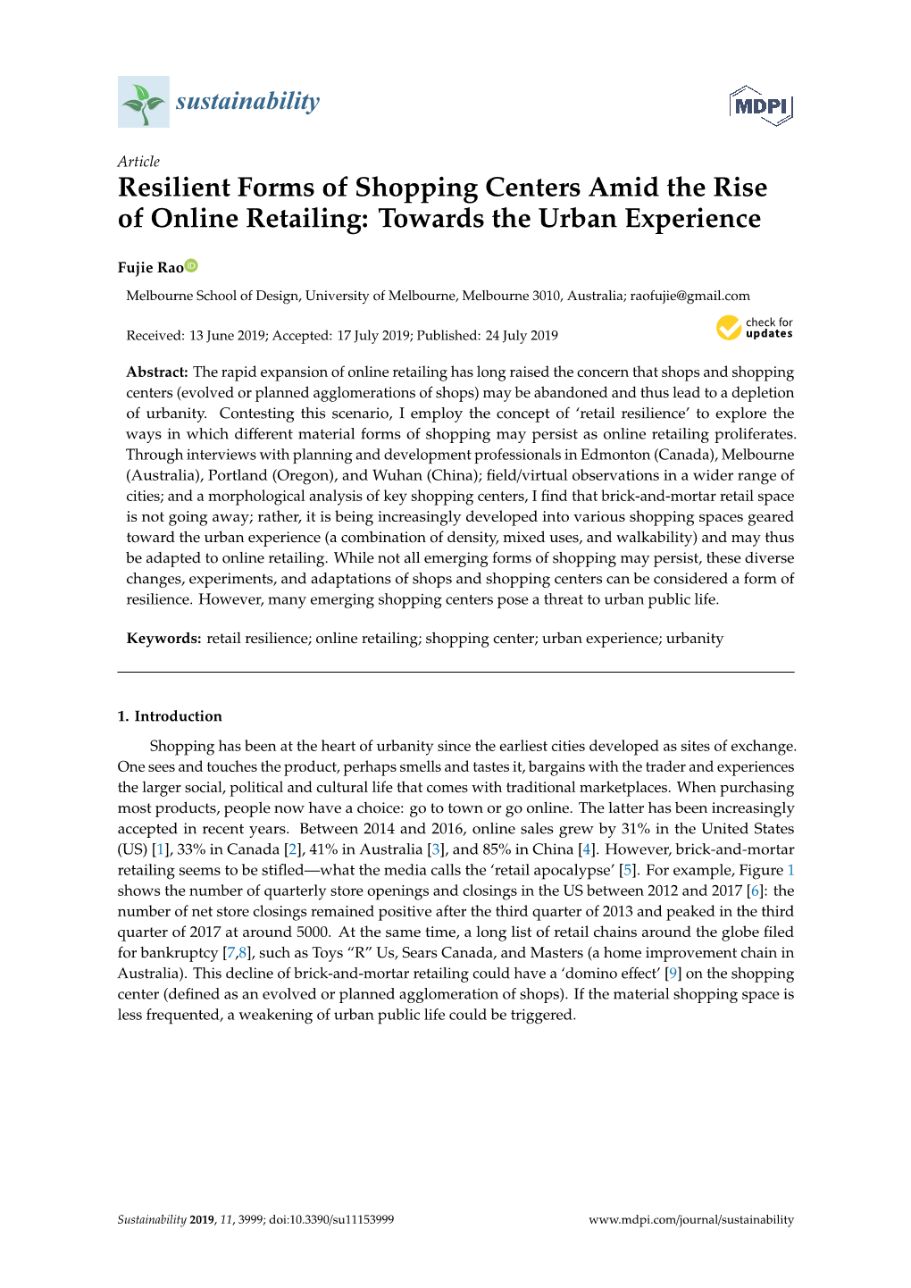 Resilient Forms of Shopping Centers Amid the Rise of Online Retailing: Towards the Urban Experience