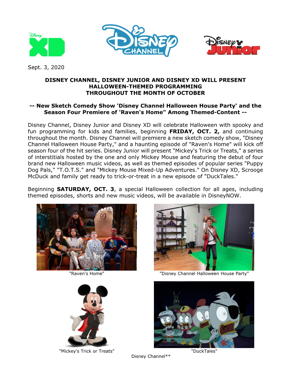 Sept. 3, 2020 DISNEY CHANNEL, DISNEY JUNIOR and DISNEY XD