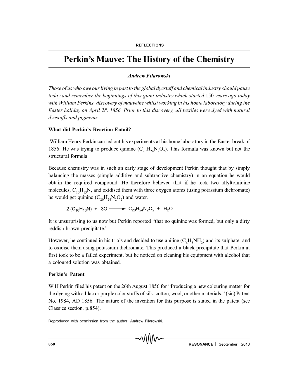 Perkin's Mauve: the History of the Chemistry