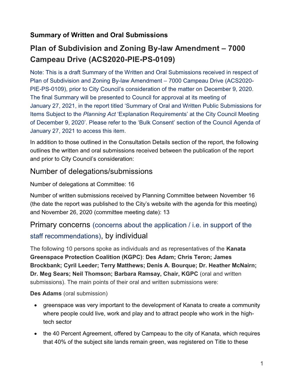 Summary of Submissions, Subdivison Zoning 7000 Campeau