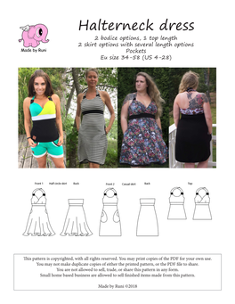 Halterneck Dress 2 Bodice Options, 1 Top Length 2 Skirt Options with Several Length Options Pockets Eu Size 34-58 (US 4-28)
