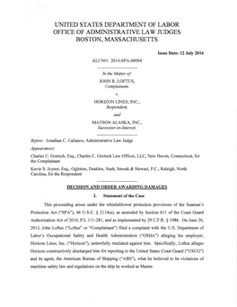 United States Department of Labor Office of Administrative Law Judges Boston, Massachusetts