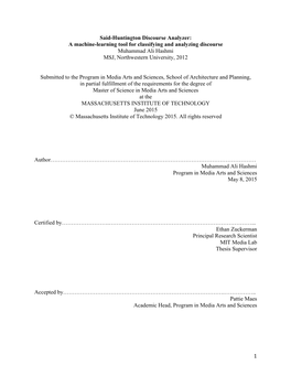 A Machine-Learning Tool for Classifying and Analyzing Discourse Muhammad Ali Hashmi MSJ, Northwestern University, 2012