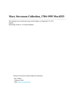 Mary Stevenson Collection, 1784-1995 Mss.0353