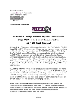 ALL in the TIMING CHICAGO, IL – Following the Wildly Successful Chekhov One Act Festival in Fall 2014, Stage 773, 1225 W