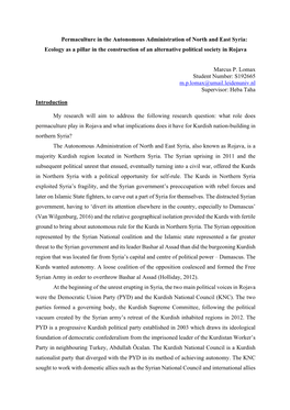 Permaculture in the Autonomous Administration of North and East Syria: Ecology As a Pillar in the Construction of an Alternative Political Society in Rojava