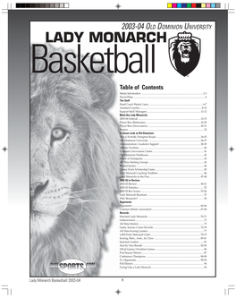 OLD DOMINION UNIVERSITY LADY MONARCH Basketball Table of Contents Media Information