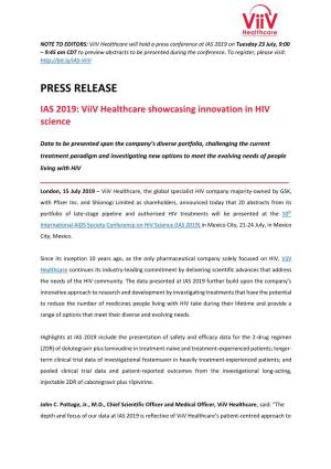 PRESS RELEASE IAS 2019: Viiv Healthcare Showcasing Innovation in HIV Science