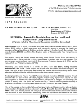 $1.29 Million Awarded in Grants to Improve the Health and Ecosystem of Long Island Sound 20 Grants Including 18 Environmental Projects Benefitting Connecticut