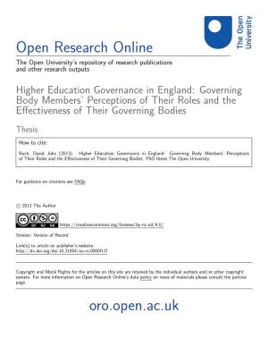 Higher Education Governance in England: Governing Body Members’ Perceptions of Their Roles and the Eﬀectiveness of Their Governing Bodies