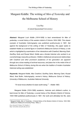 Margaret Kiddle: the Writing of Men of Yesterday and the Melbourne School of History