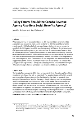Should the Canada Revenue Agency Also Be a Social Benefits Agency?