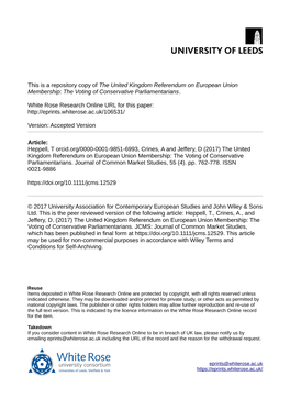 The United Kingdom Referendum on European Union Membership: the Voting of Conservative Parliamentarians