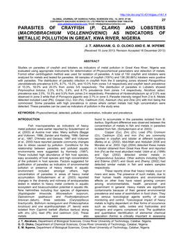 Parasites of Crayfish (P. Clarki) and Lobsters (Macrobrachium Vollenhovenic) As Indicators of Metallic Pollution in Great, Kwa R