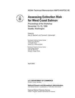 Assessing Extinction Risk for West Coast Salmon Proceedings of the Workshop November 13–15, 1996 Seattle, Washington