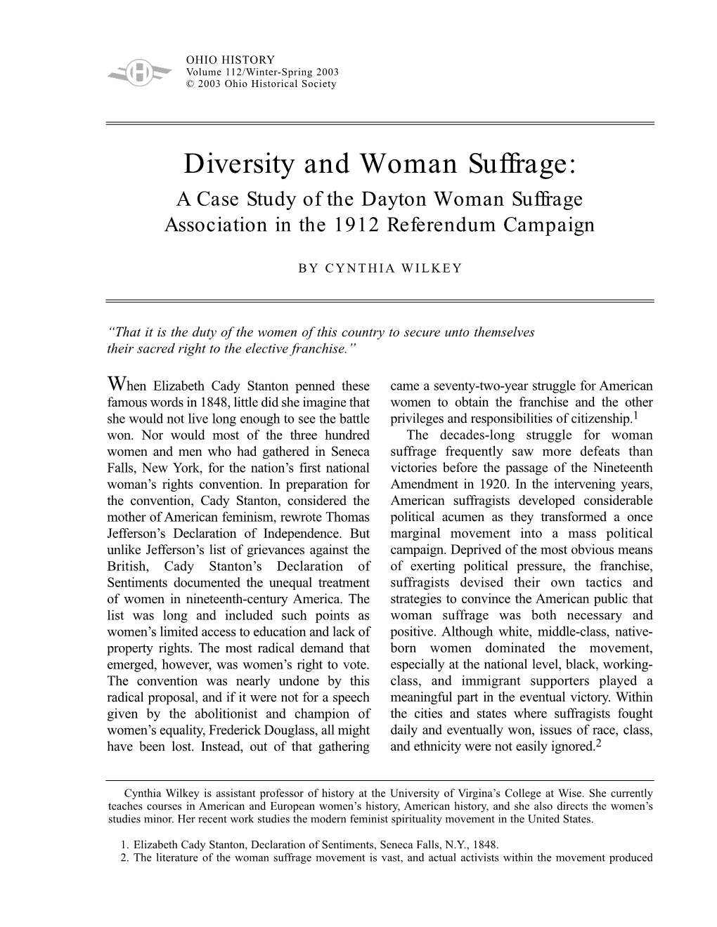 Diversity and Woman Suffrage: a Case Study of the Dayton Woman Suffrage Association in the 1912 Referendum Campaign