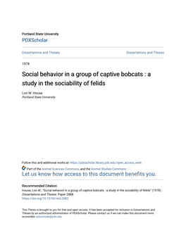 Social Behavior in a Group of Captive Bobcats : a Study in the Sociability of Felids