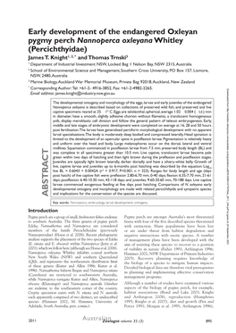 Early Development of the Endangered Oxleyan Pygmy Perch Nannoperca Oxleyana Whitley (Percichthyidae) James T