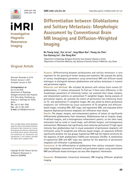 Differentiation Between Glioblastoma and Solitary Metastasis: Morphologic Assessment by Conventional Brain MR Imaging and Diffusion-Weighted Imaging