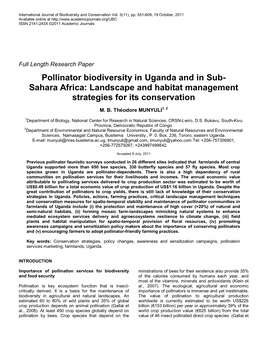 Pollinator Biodiversity in Uganda and in Sub- Sahara Africa: Landscape and Habitat Management Strategies for Its Conservation
