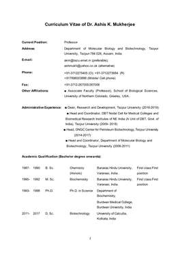 Curriculum Vitae of Dr. Ashis K. Mukherjee