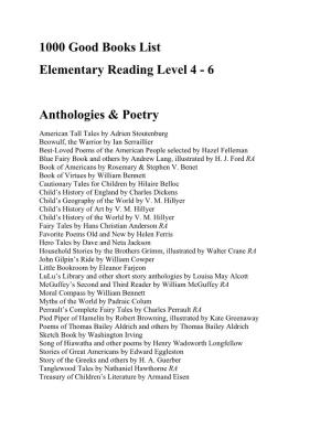 1000 Good Books List Elementary Reading Level 4 - 6