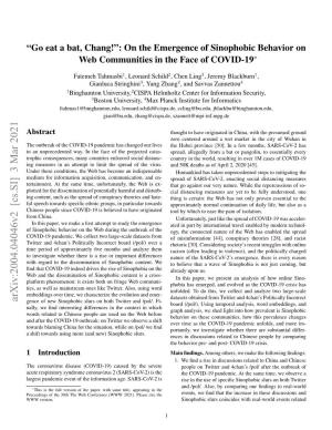 " Go Eat a Bat, Chang!": on the Emergence of Sinophobic Behavior on Web Communities in the Face of COVID-19