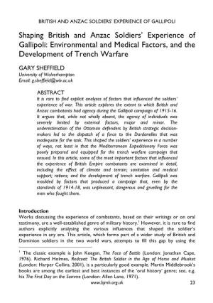 Shaping British and Anzac Soldiers’ Experience of Gallipoli: Environmental and Medical Factors, and the Development of Trench Warfare