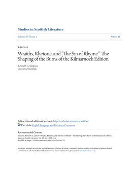 Wraiths, Rhetoric, and "The Ins of Rhyme"" the Shaping of the Burns of the Kilmarnock Edition Kenneth G
