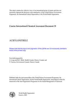 CICAD on Acrylonitrile Was Prepared Jointly Being Limited; Reaction and Advection Are the Major by the Environmental Health Directorate of Health Removal Mechanisms