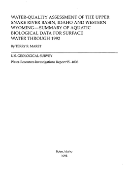 Water-Quality Assessment of the Upper Snake River Basin, Idaho and Western Wyoming Summary of Aquatic Biological Data for Surface Water Through 1992