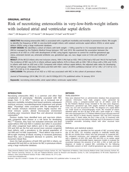 Risk of Necrotizing Enterocolitis in Very-Low-Birth-Weight Infants with Isolated Atrial and Ventricular Septal Defects