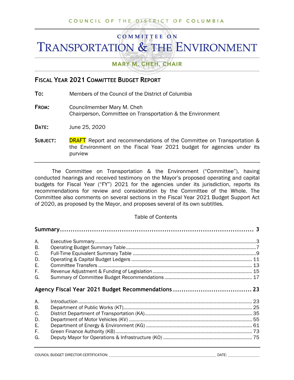 Fiscal Year 2021 Committee Budget Report