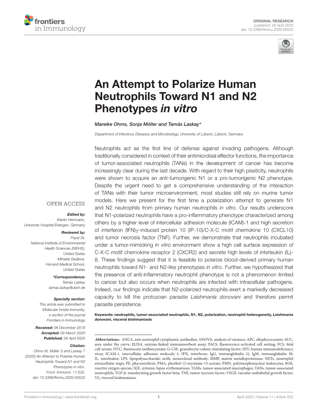 An Attempt to Polarize Human Neutrophils Toward N1 and N2 Phenotypes in Vitro