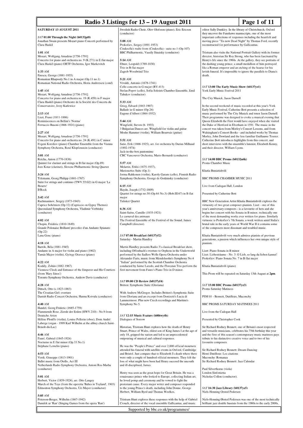 Radio 3 Listings for 13 – 19 August 2011 Page 1 of 11 SATURDAY 13 AUGUST 2011 Swedish Radio Choir, Olov Olofsson (Piano), Eric Ericson Editor Sally Dunkley