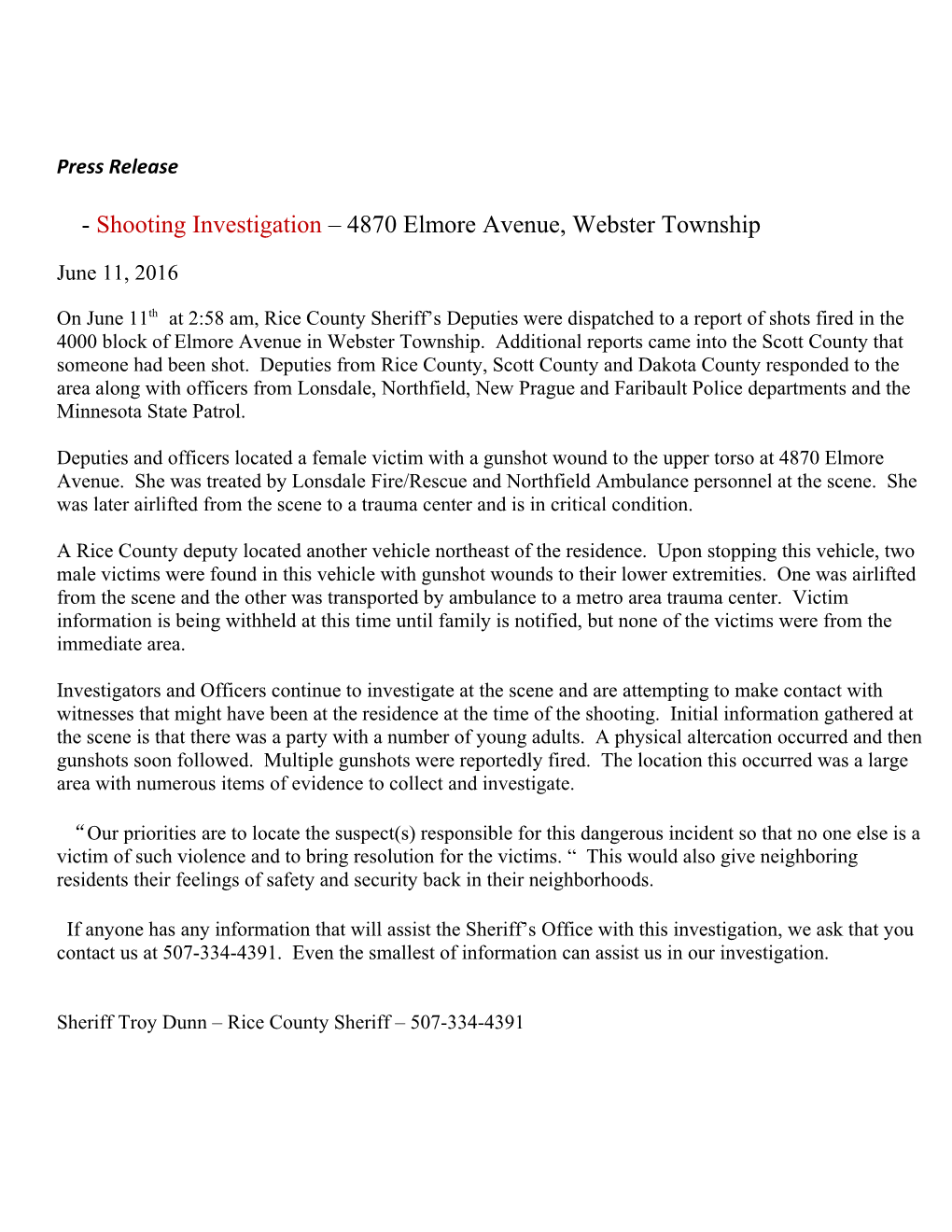 Shooting Investigation 4870 Elmore Avenue, Webster Township