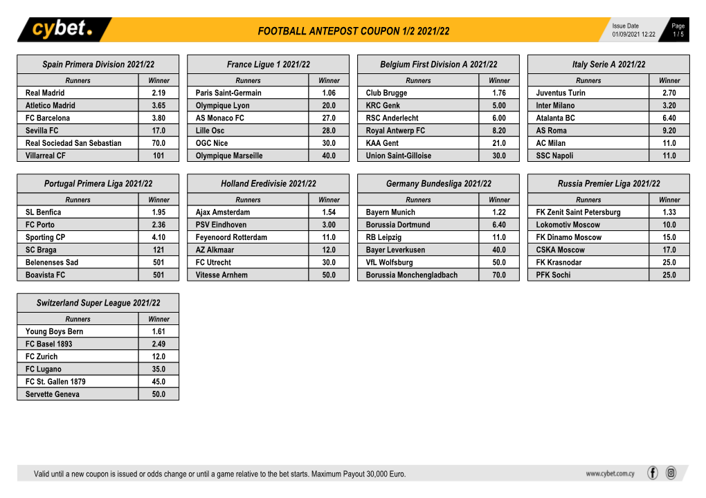 Football Antepost Coupon 1/2 2021/22 01/09/2021 12:22 1 / 5