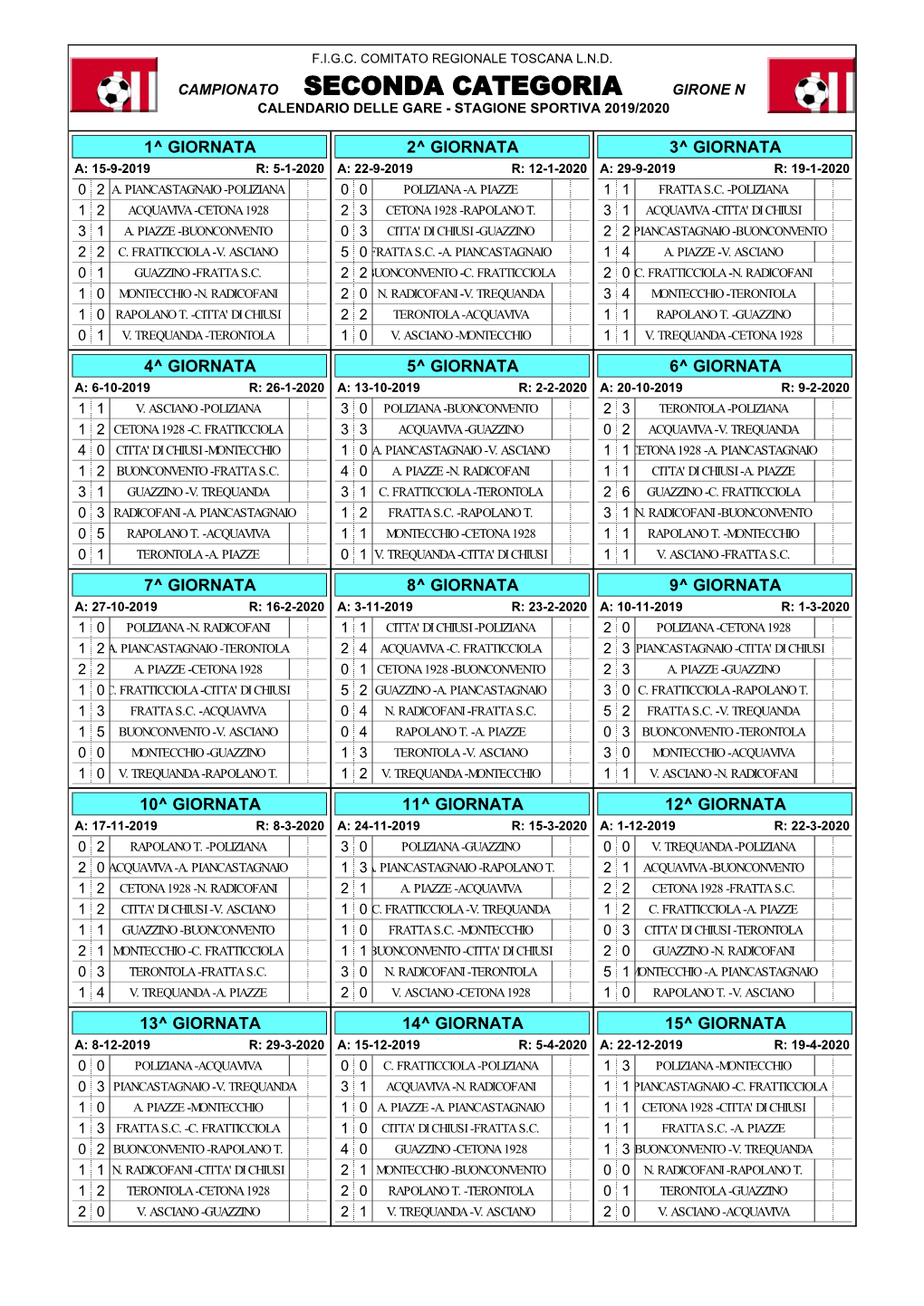 Seconda Categoria Girone N Calendario Delle Gare - Stagione Sportiva 2019/2020