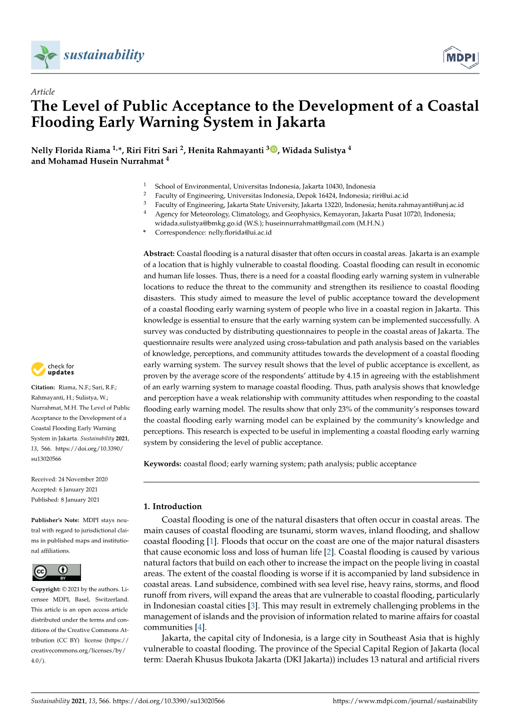 The Level of Public Acceptance to the Development of a Coastal Flooding Early Warning System in Jakarta