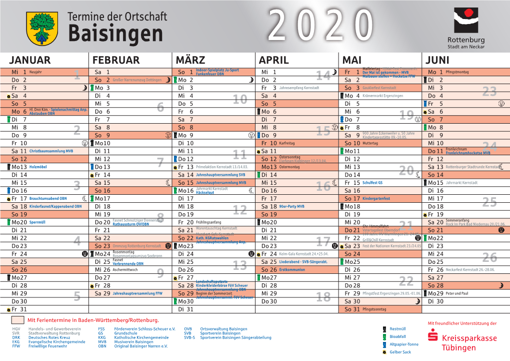 Baisingen 2020 JANUAR FEBRUAR MÄRZ APRIL MAI JUNI Indoor-Spielplatz Ju-Sport Maifeiertag · Himai-Fest Frommenh